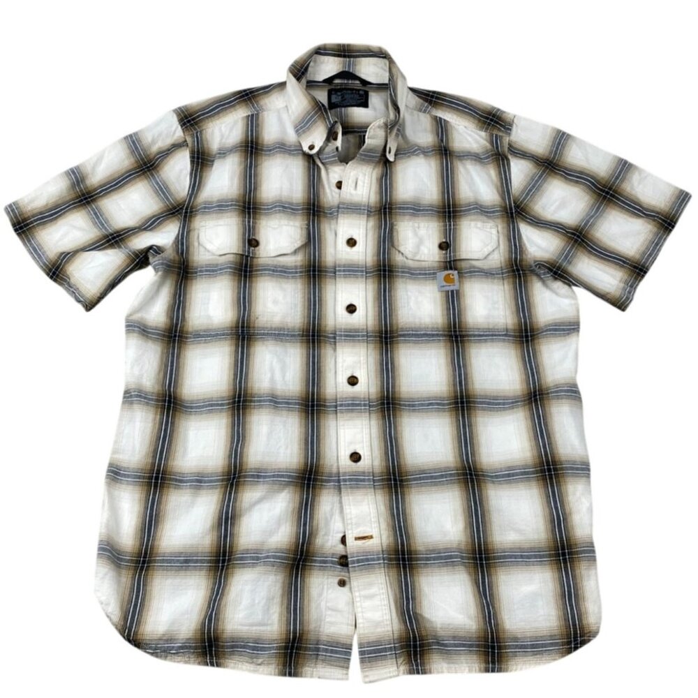 Carhartt Mens Shirt Large Loose Fit Short Sleeve Plaid Button Up Beige Casual